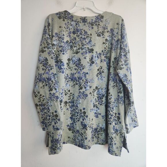 J.Jill Women Gray w/Blue Floral Print Henley Cotton Blend Knit Blouse size Large - Picture 2 of 7